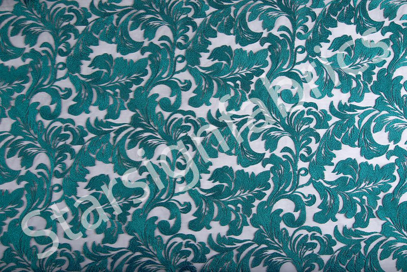 Curved Leaf Design Thread Embroidery Fabric | Burç Fabric