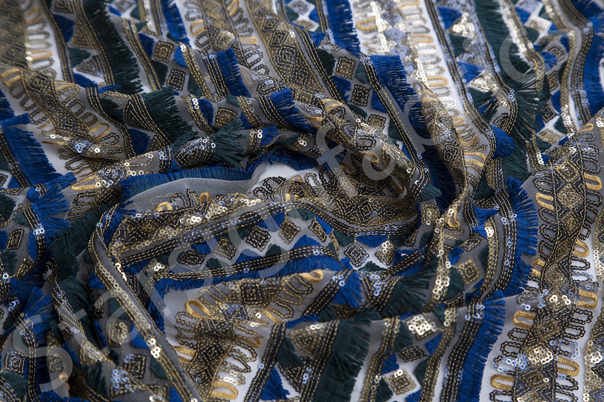 Blue Fringed Striped Ethnic Design Gold Sequin Embroidery Fabric | Burç Fabric