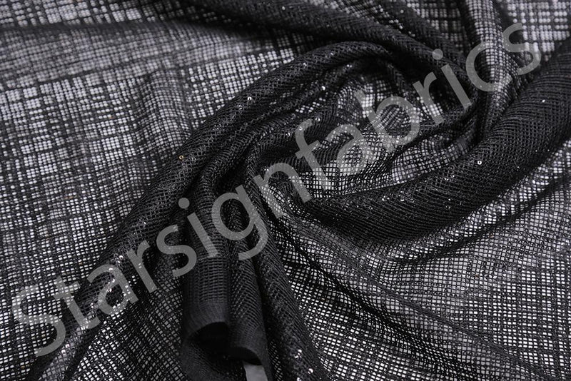 Black Square Design Embroidered Sequin Fabric | Starsign Fabrics