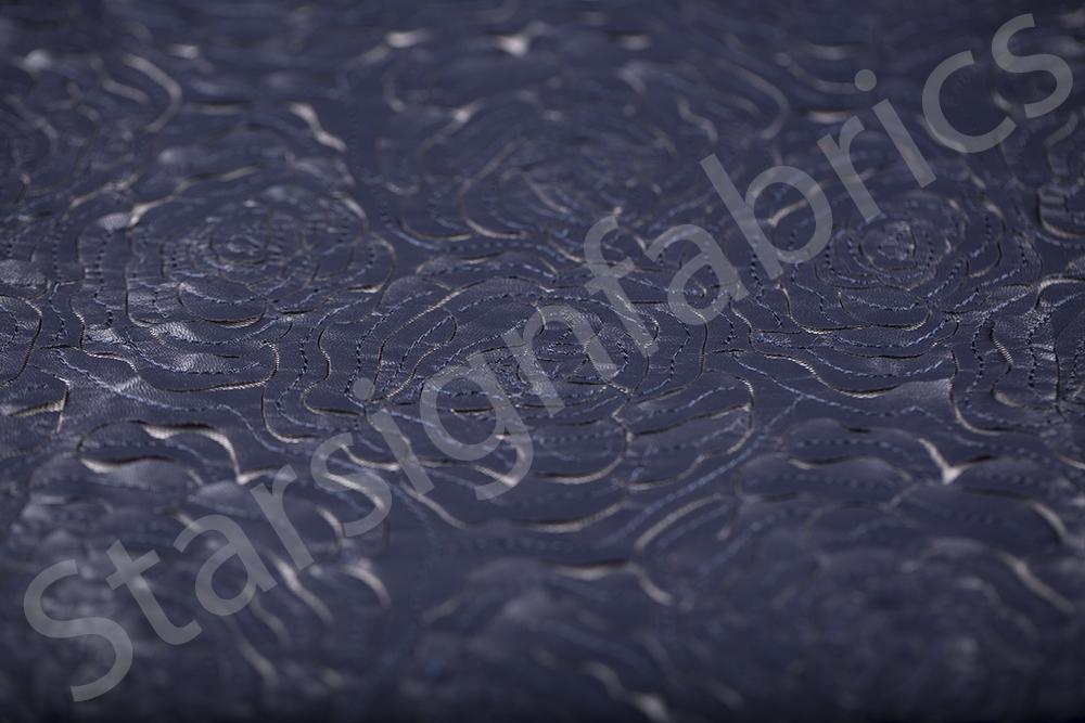 Navy Blue Laser Cut Faux Leather Rose Pattern Fabric | Burç Fabric
