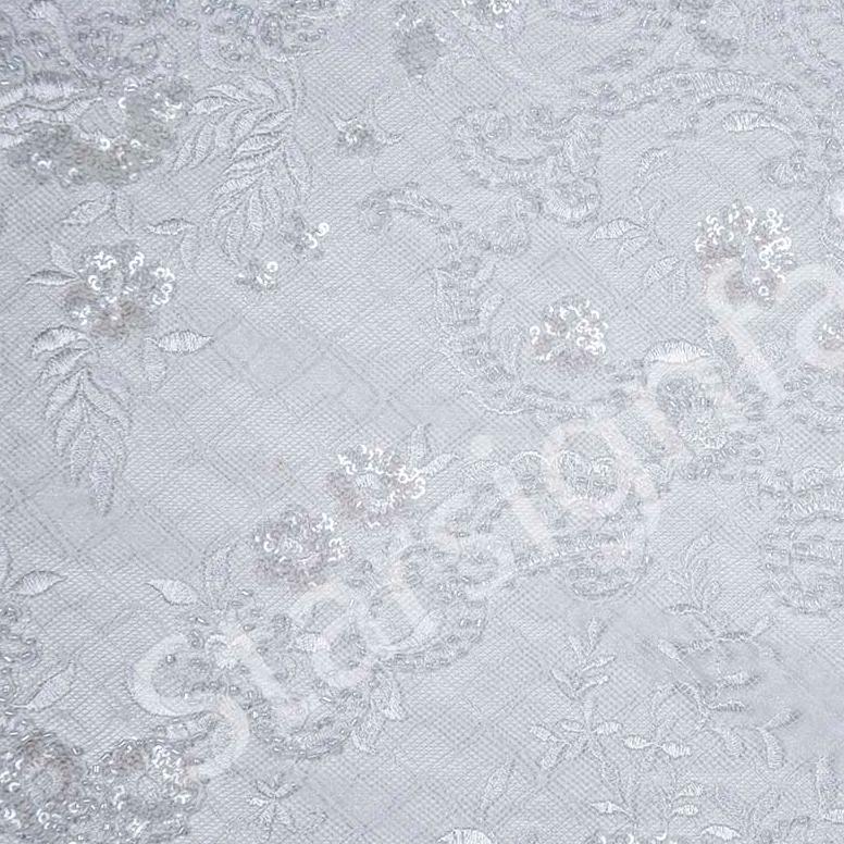White Handmade Beaded Sequin Embroidery Fabric | Starsign Fabrics