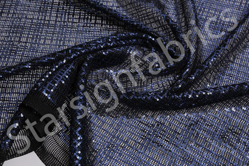 Navy Blue-Black Sequin Square Design Embroidered Fabric | Burç Fabric