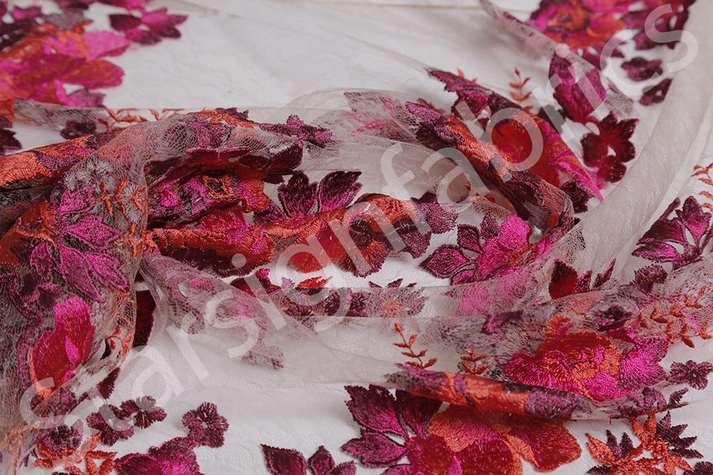 Maltese Style Coral Flower Pattern Lace Embroidery Fabric | Burç Fabric