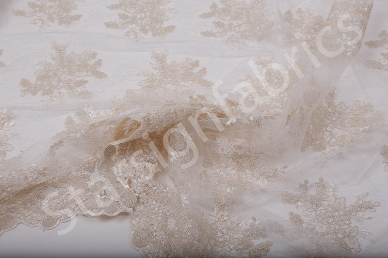 Cream Scalloped Edged Stringed Floral Embroidered Lace Fabric | Burç Fabric