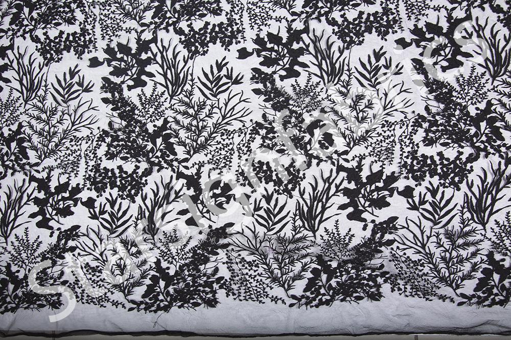 Black Floral Design Rayon Thread Embroidery Fabric | Burç Fabric