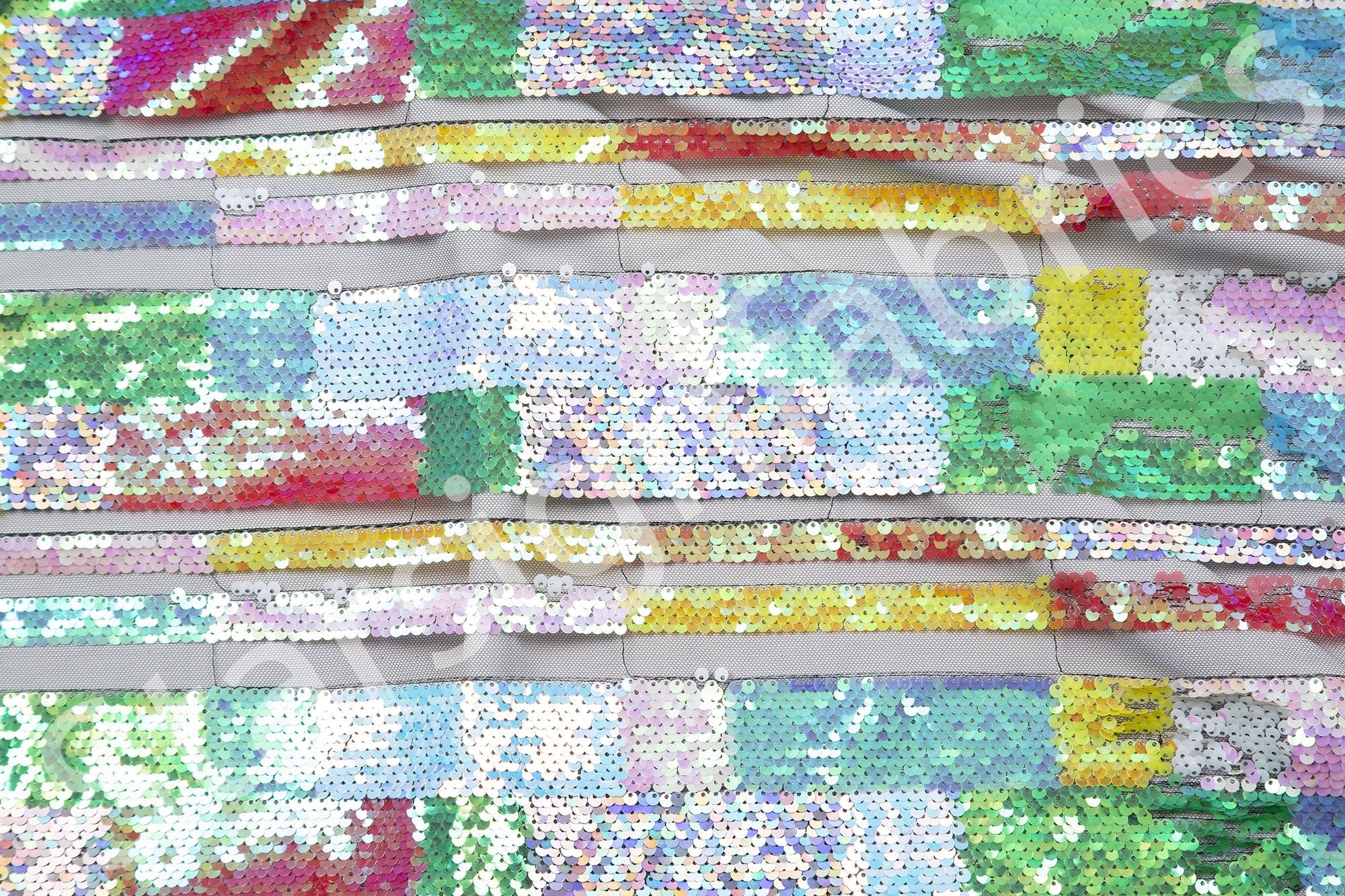 Yellow-Blue Transparent Stripe Sequin Embroidered Tulle Fabric | Burç Fabric