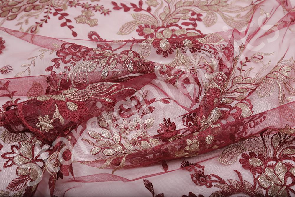 Burgundy Henna Style Glitter Floral Sequin Embroidered Fabric | Burç Fabric