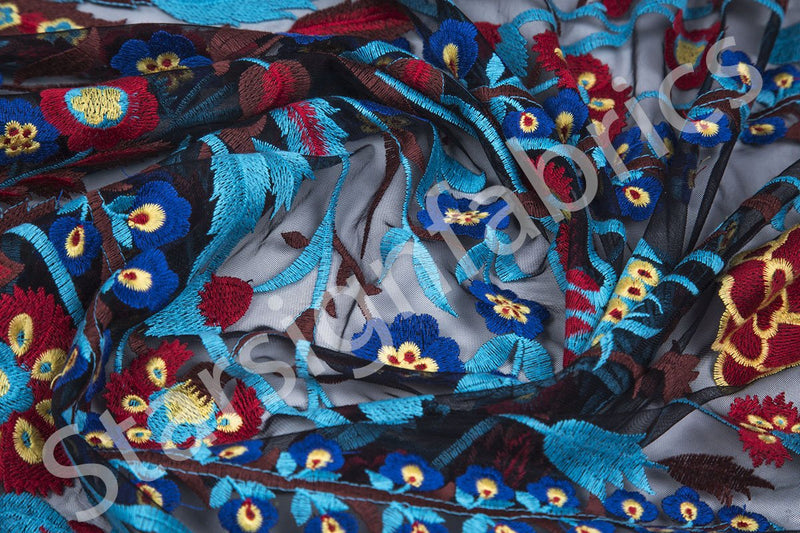 Blue Flower Pattern Colored Thread Embroidery Fabric | Burç Fabric
