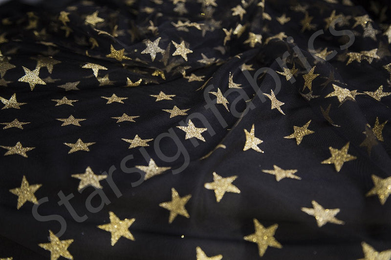 Siyah-Altın Flok Metalik Yıldız Desenli Örgü Tül Kumaş | Burç Kumaş