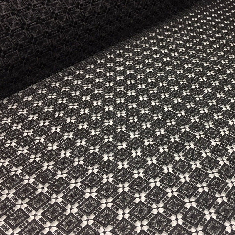 Modern Art Ethnic Black Square Patterned Guipure Fabric | Burç Fabric