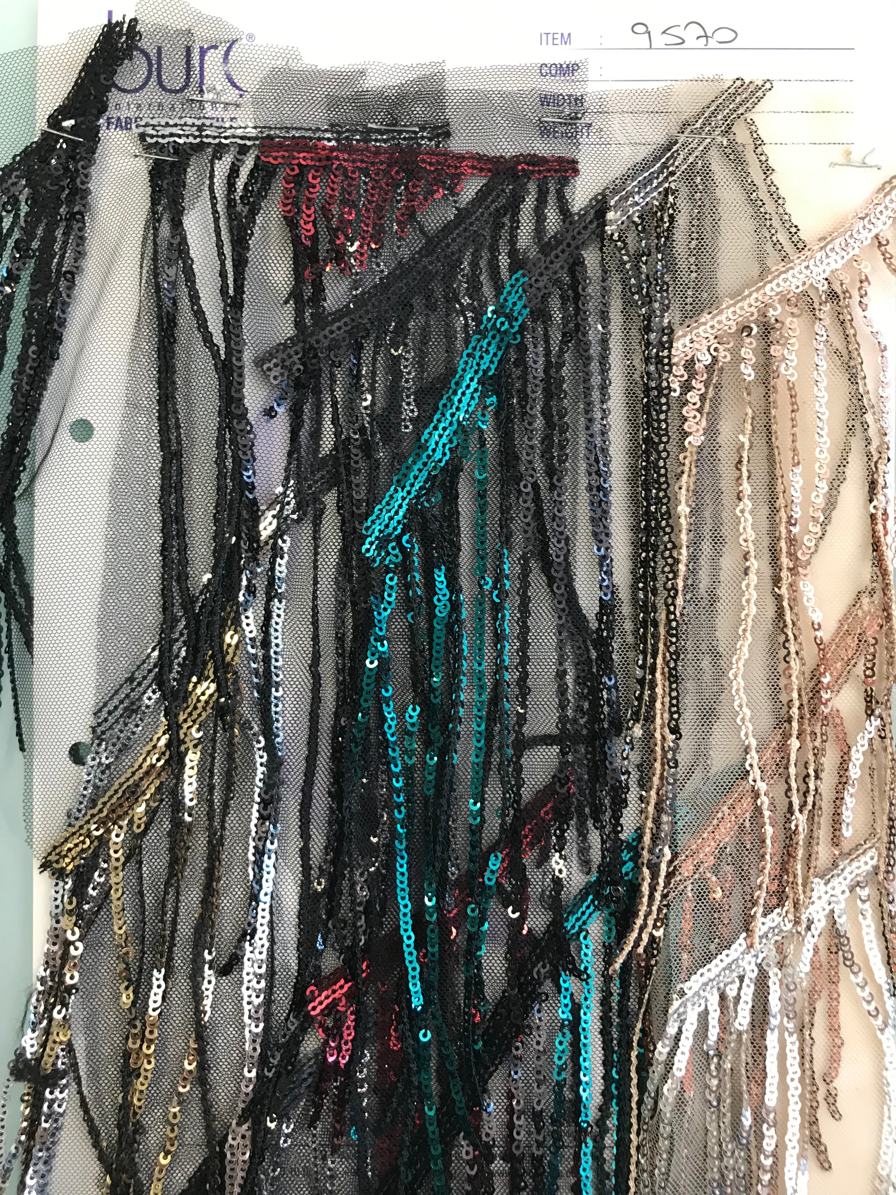 Sequin Embroidered Tulle Fabric with 3D Fringe Decoration