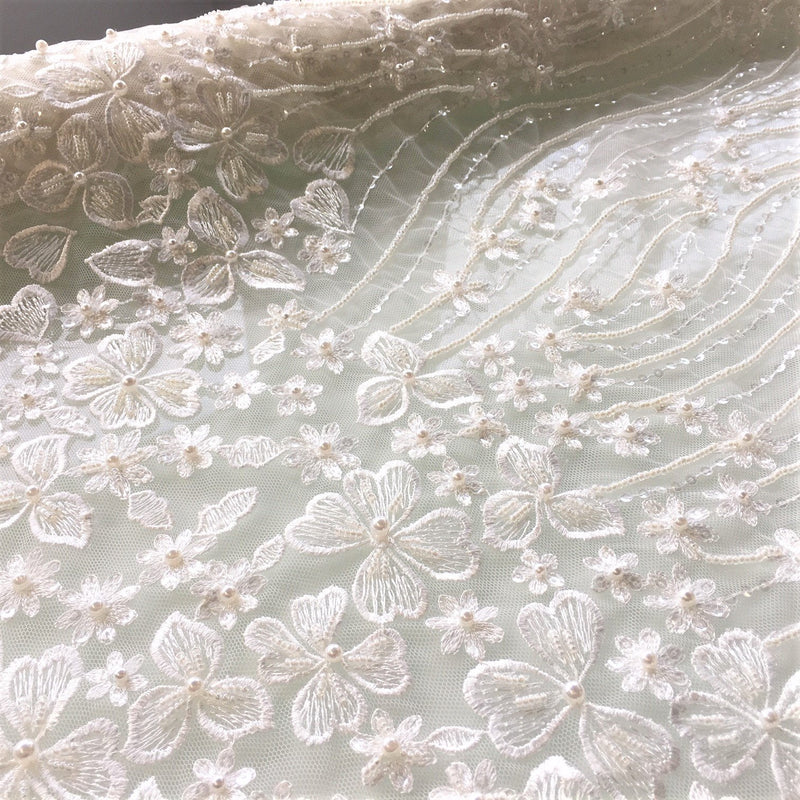 Handmade Crystal Beaded Pearl Floral Embroidery Bridal Fabric