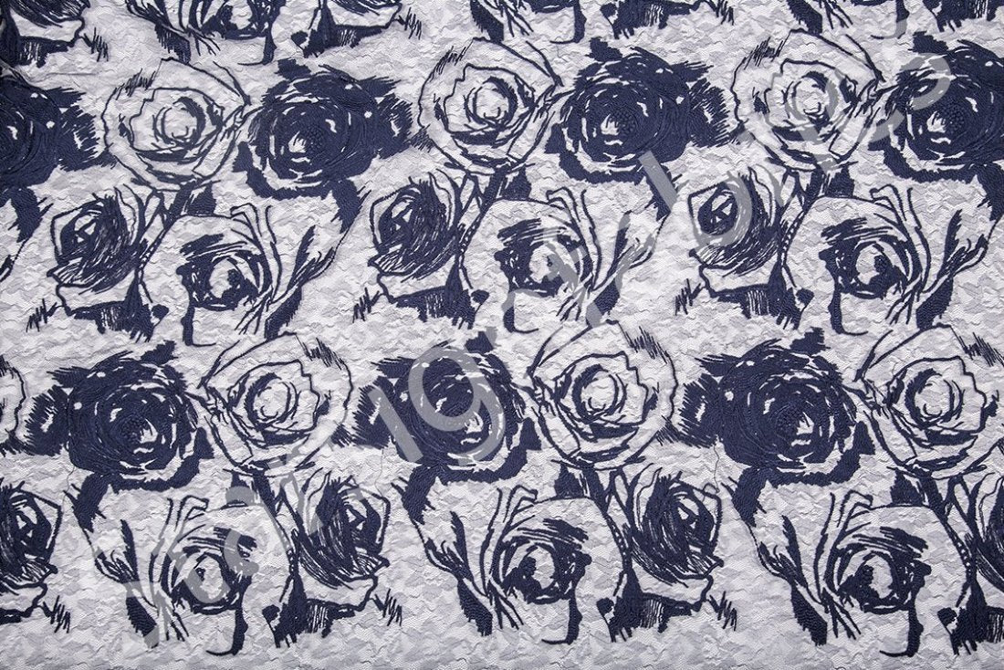 Navy Blue Artistic Abstract Rose Design Rayon Embroidered Fabric | Burç Fabric