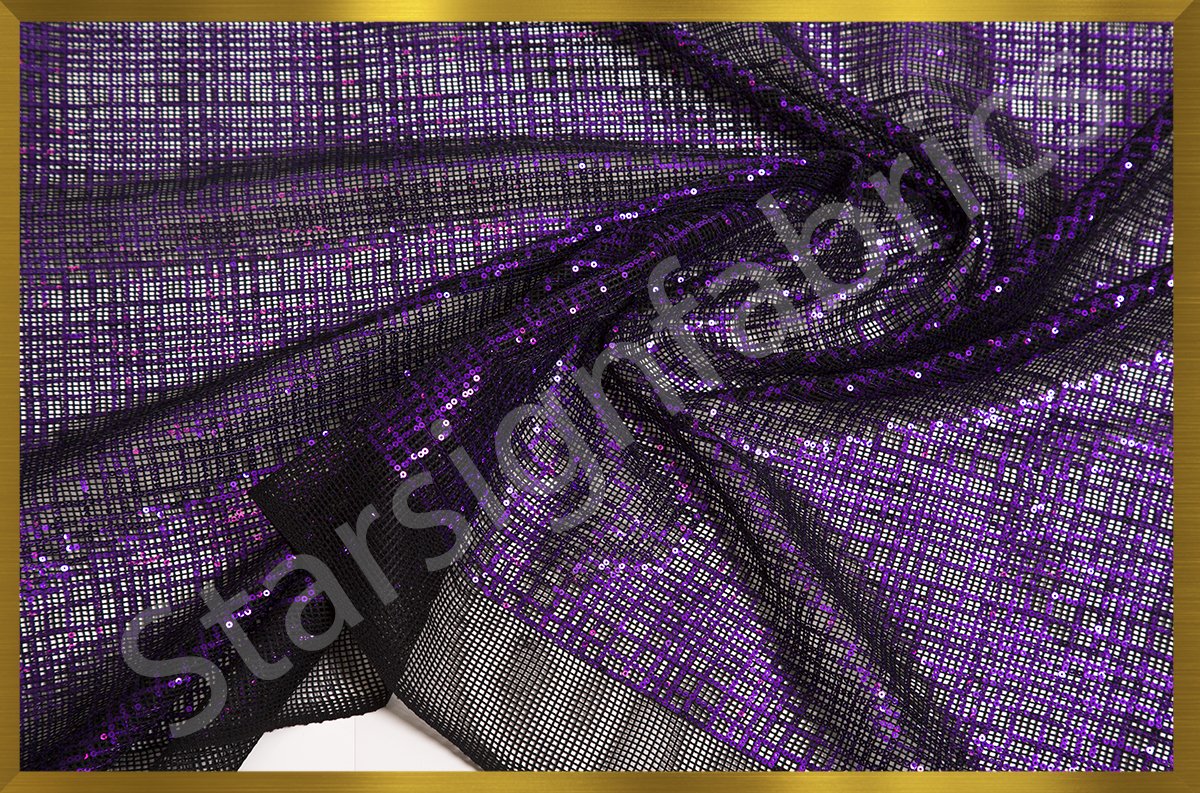 Purple-Black Sequin Square Design Embroidered Fabric | Burç Fabric