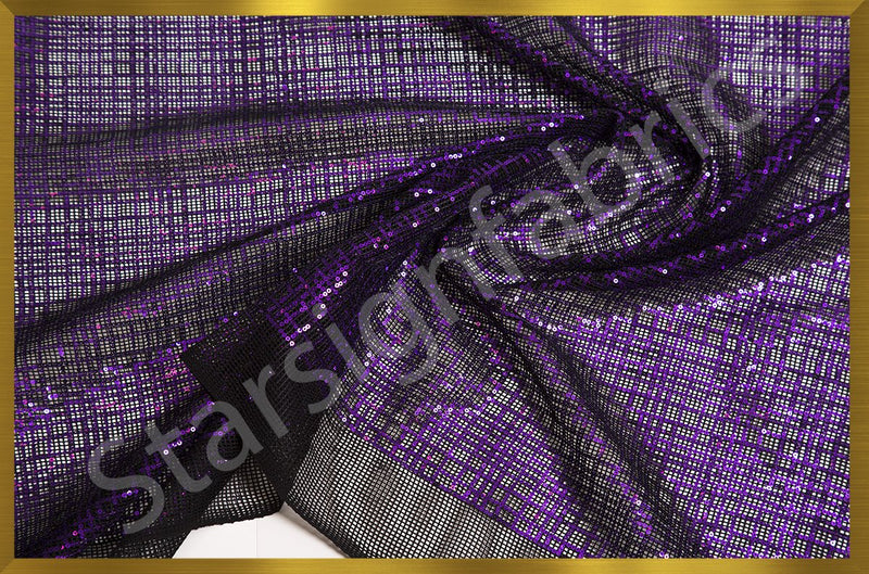 Purple-Black Sequin Square Design Embroidered Fabric | Burç Fabric