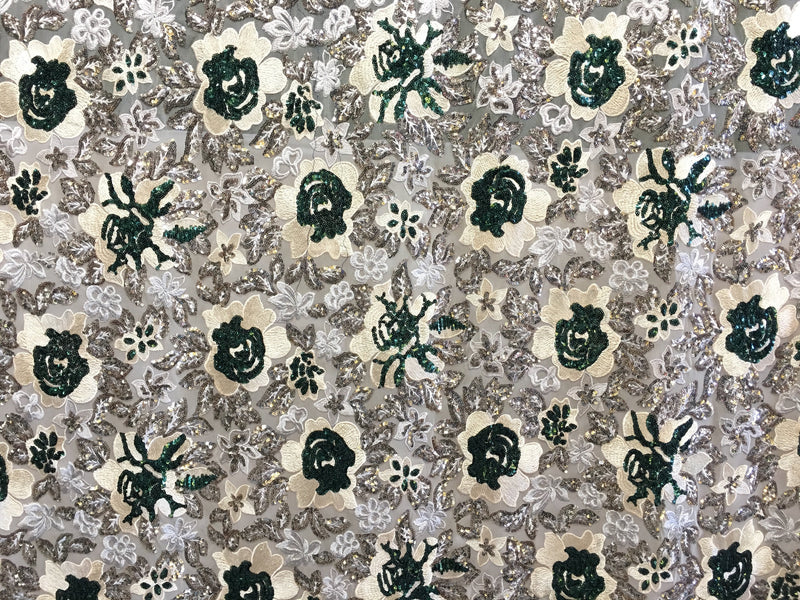 Green Colored Sequined Floral Patterned Fabric | Burç Fabric