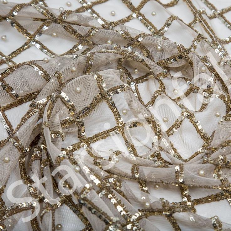 Square Design Beaded Sequin Embroidery Mesh Fabric Berlin Style