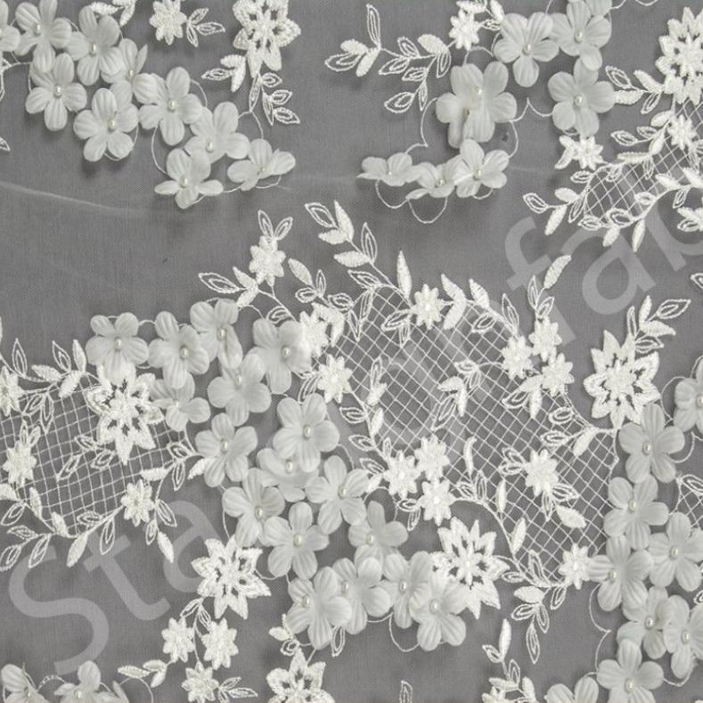 Ivory 3D Flower Pattern Embroidery Wedding Dress Fabric | Burç Fabric