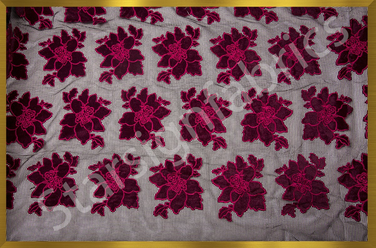 Burgundy Velvet Flower Embroidered Fabric on Net Tulle | Burç Fabric
