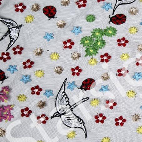 Bird Ladybird Design Floral Yarn Embroidery Fabric | Starsign Fabrics