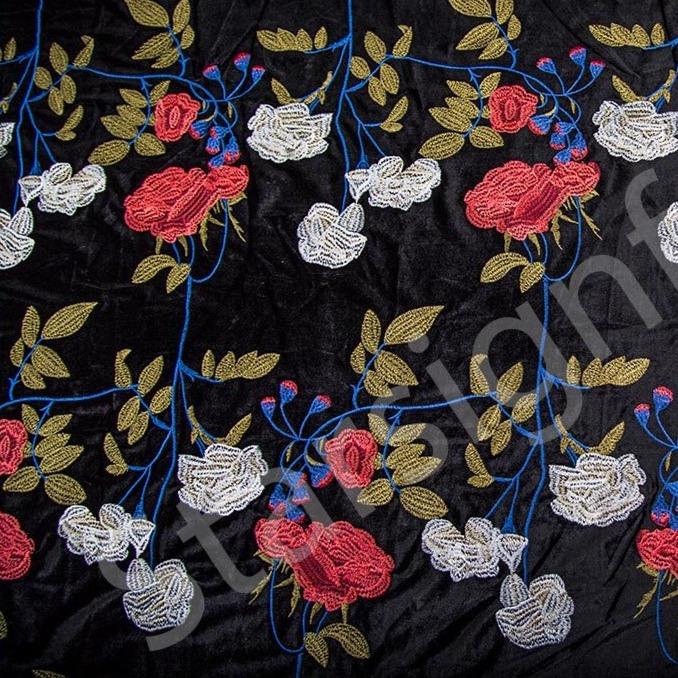 Rose Design Colourful Embroidery Velvet Fabric | Starsign Fabrics