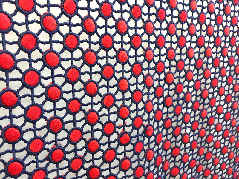 Navy Blue-Red Geo Circle Designed Guipure Embroidered Fabric | Burç Fabric
