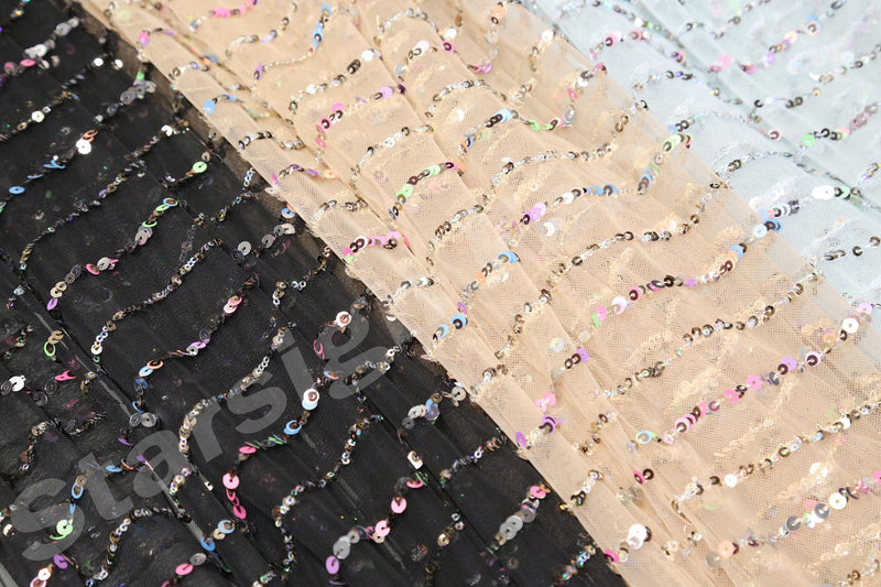 Blue Striped Sequin Embroidery Tulle Fabric | Starsign Fabrics
