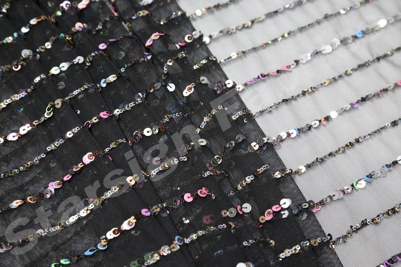 Black Striped Sequin Embroidery Tulle Fabric | Starsign Fabrics