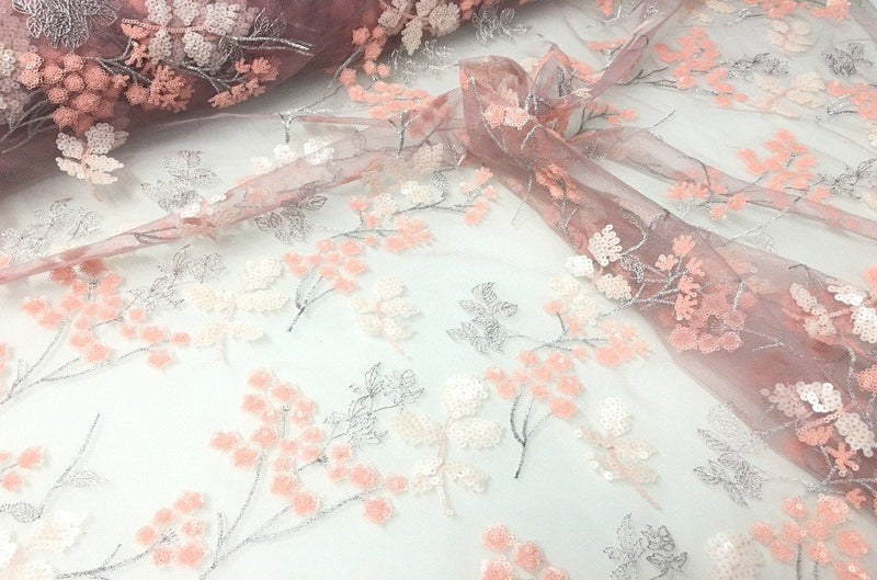 Pink Floral Embellished Lace Sequin Embroidery Fabric|Startsign Fabrics