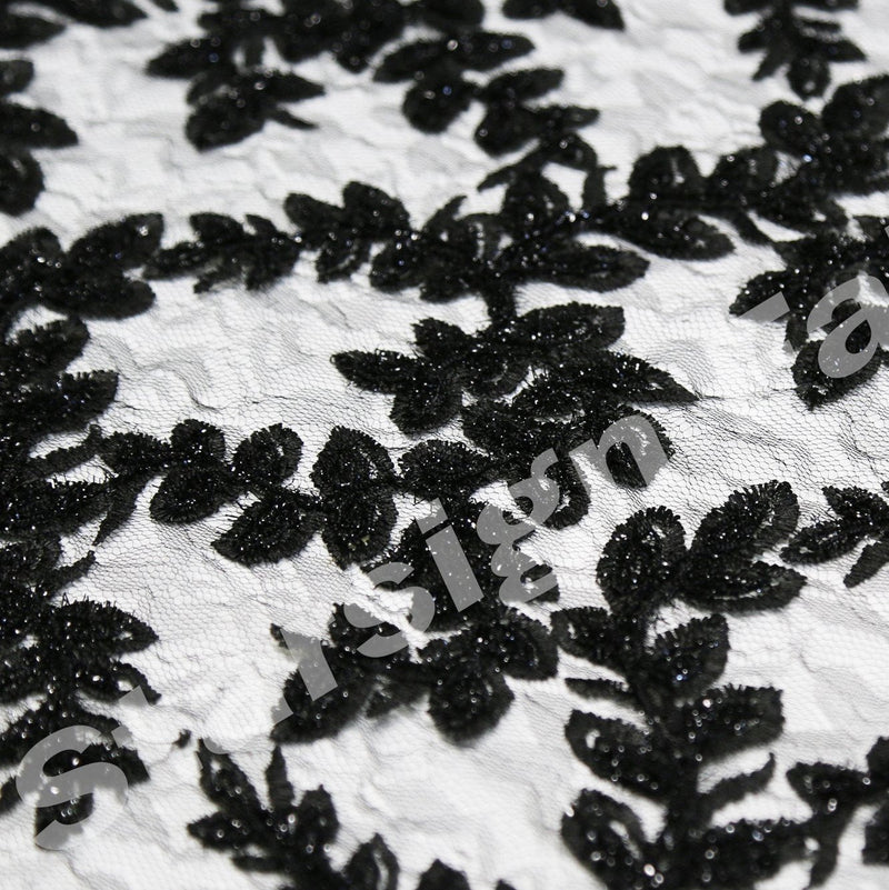 Black Corded Embroidery Lace Sparkling Noche Fabric