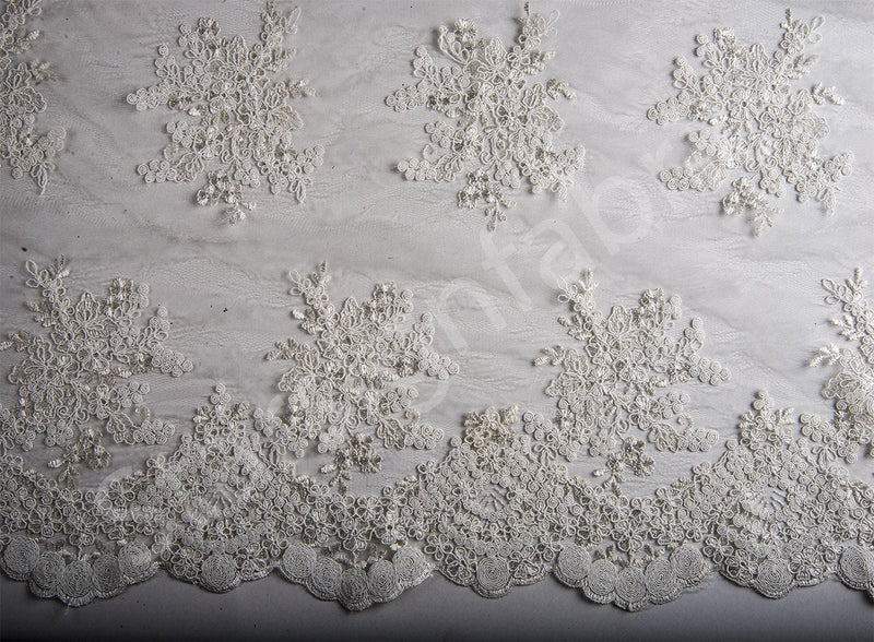 Ecru Scalloped Edged Stringed Floral Embroidered Lace Fabric | Burç Fabric