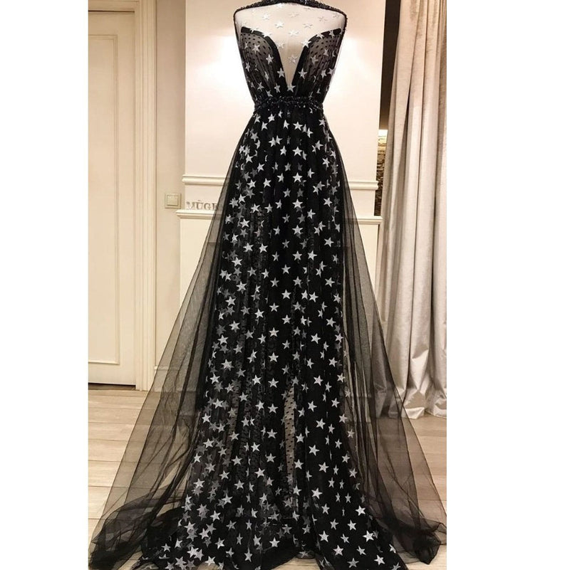 Black Silver Star Flog Tulle Long Dress | Starsign Fabrics