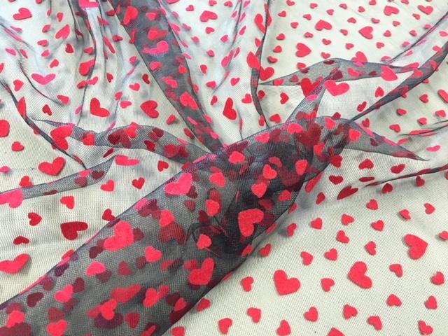 Flocked Black Knitted Tulle Fabric with All Red Heart Design | Burç Fabric