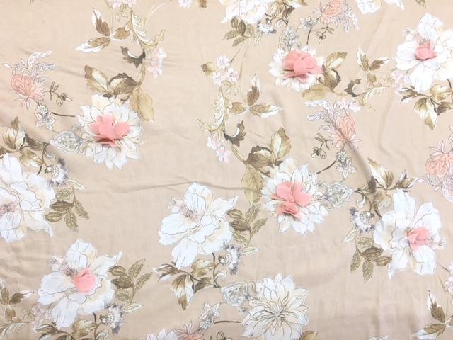 Beige 3D Flower Print Design Embroidery Woven Fabric | Burç Fabric