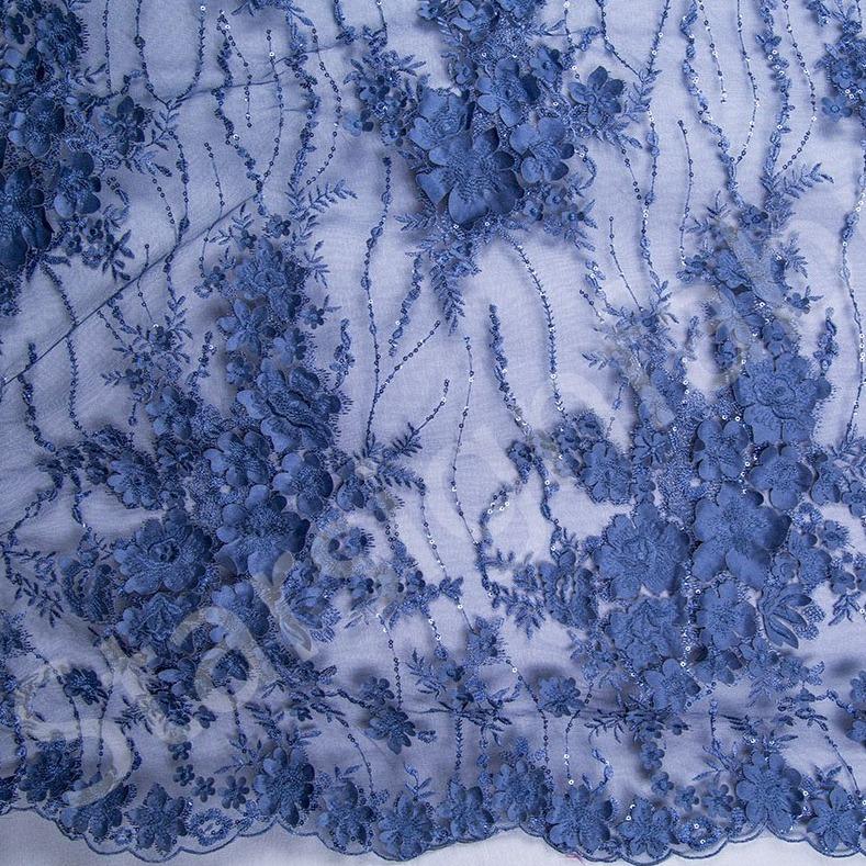 3D Flower Design Embroidered Fabric on Navy Blue Knitted Base | Burç Fabric
