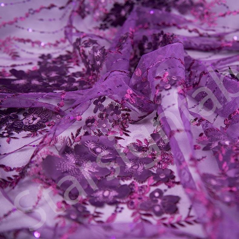 3D Flower Design Embroidered Fabric on Purple Knitted Base | Burç Fabric