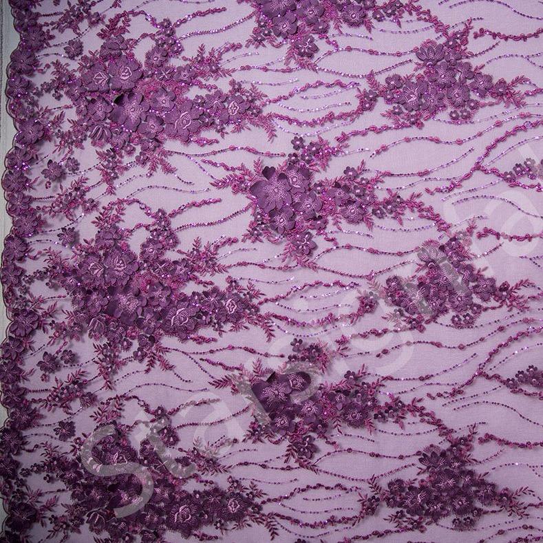 3D Flower Design Embroidered Fabric on Purple Knitted Base | Burç Fabric